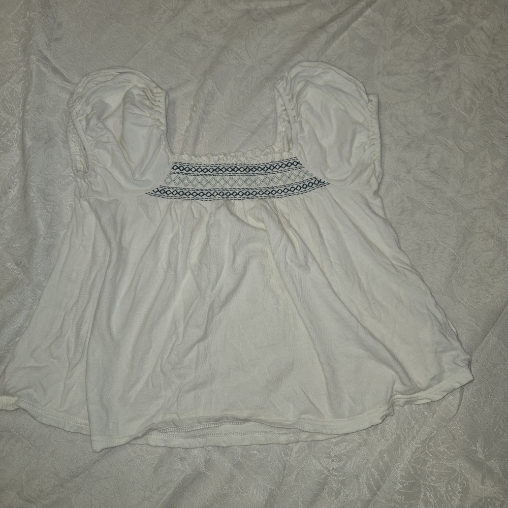 White and Blue Embroidered Women's Top